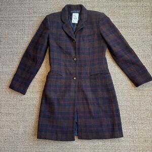 🍂 Vintage Hervé Benard Collection Wool Plaid Long Blazer Coat | Size 4 | Navy